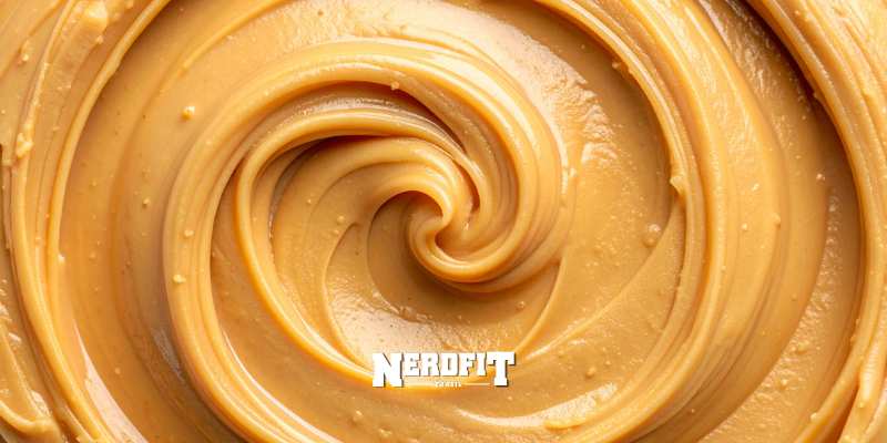 A imagem mostra um close-up de uma pasta de amendoim cremosa, com textura lisa e espiralada, em tom caramelo/dourado. No centro, aparece a marca NERDFIT, destacando um visual apetitoso e uniforme, típico de pasta de amendoim natural bem misturada.