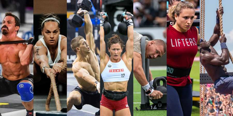 Uma sequência de imagens de atletas do CrossFit games fazendo diferentes movimentos.