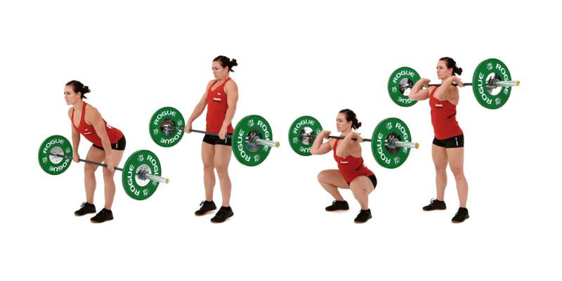 A imagem apresenta uma sequência de movimentos de um exercício de levantamento de peso, provavelmente um hang squat clean, realizada por uma mulher. Ela está vestida com um uniforme de treino esportivo, composto por um top e shorts, ambos na cor vermelha.