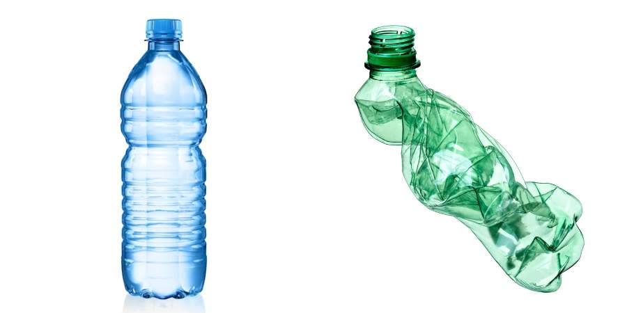 À esquerda, uma garrafa de plástico azul cheia e intacta simboliza a respiração correta, cheia e controlada. À direita, uma garrafa de plástico verde amassada representa a respiração inadequada, esvaziada e ineficiente.