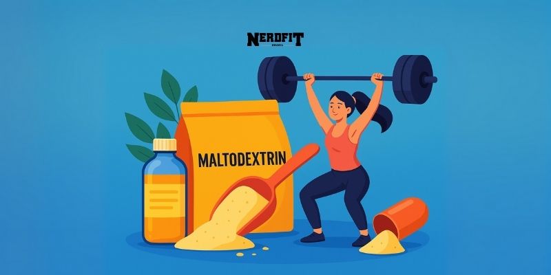 Ilustração colorida de uma atleta levantando barra de peso ao lado de embalagem de maltodextrina, cápsula e suplemento em pó para treinos e energia.
