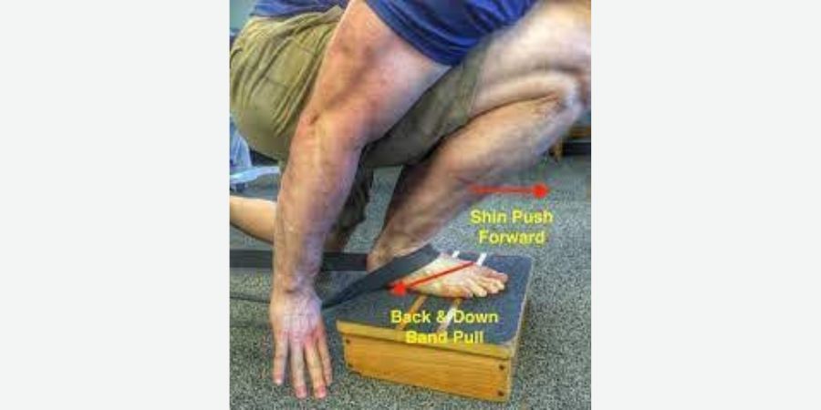 Imagem demonstrativa de um exercício de mobilidade para tornozelo, com o indivíduo aplicando pressão para a frente no tornozelo (Shin Push Forward) e para baixo em uma faixa elástica (Back & Down Band Pull), destacando técnicas para melhorar a flexibilidade articular.