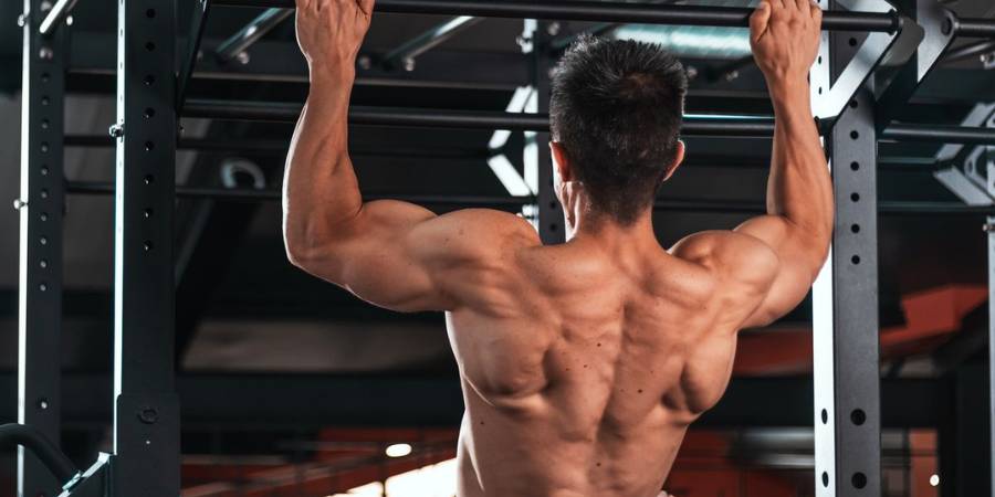 Músculos das costas de um homem fazendo pull up.