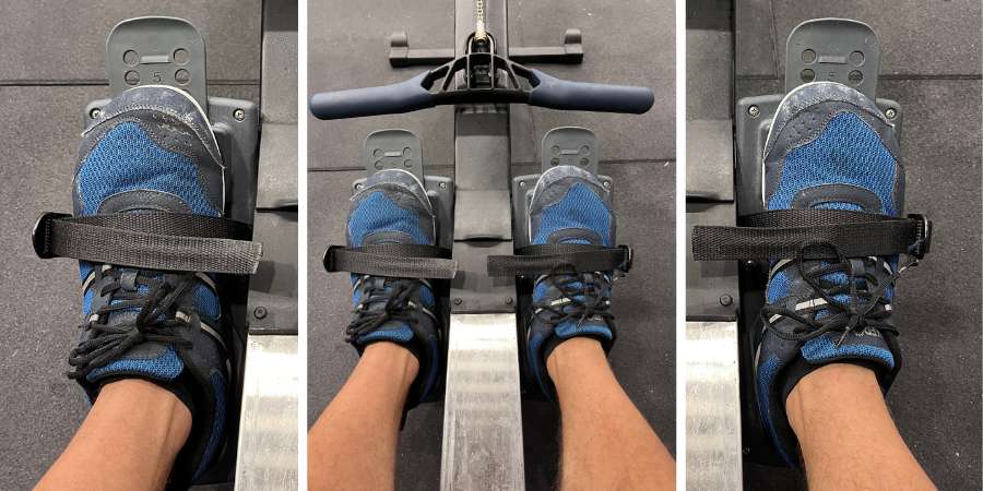 Três estágios do ajuste dos pés em um ergômetro de remo: um atleta de CrossFit ajusta os straps sobre os tênis de treino para garantir um encaixe seguro e um movimento eficiente durante o exercício.