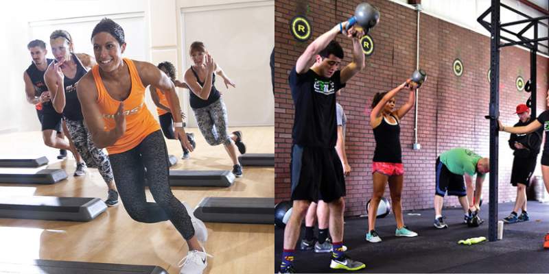 Lado esquedo da imagem mostra pessoas praticando Hiit. O lado direito mostra pessoas fazendo um treino de CrossFit em um box.